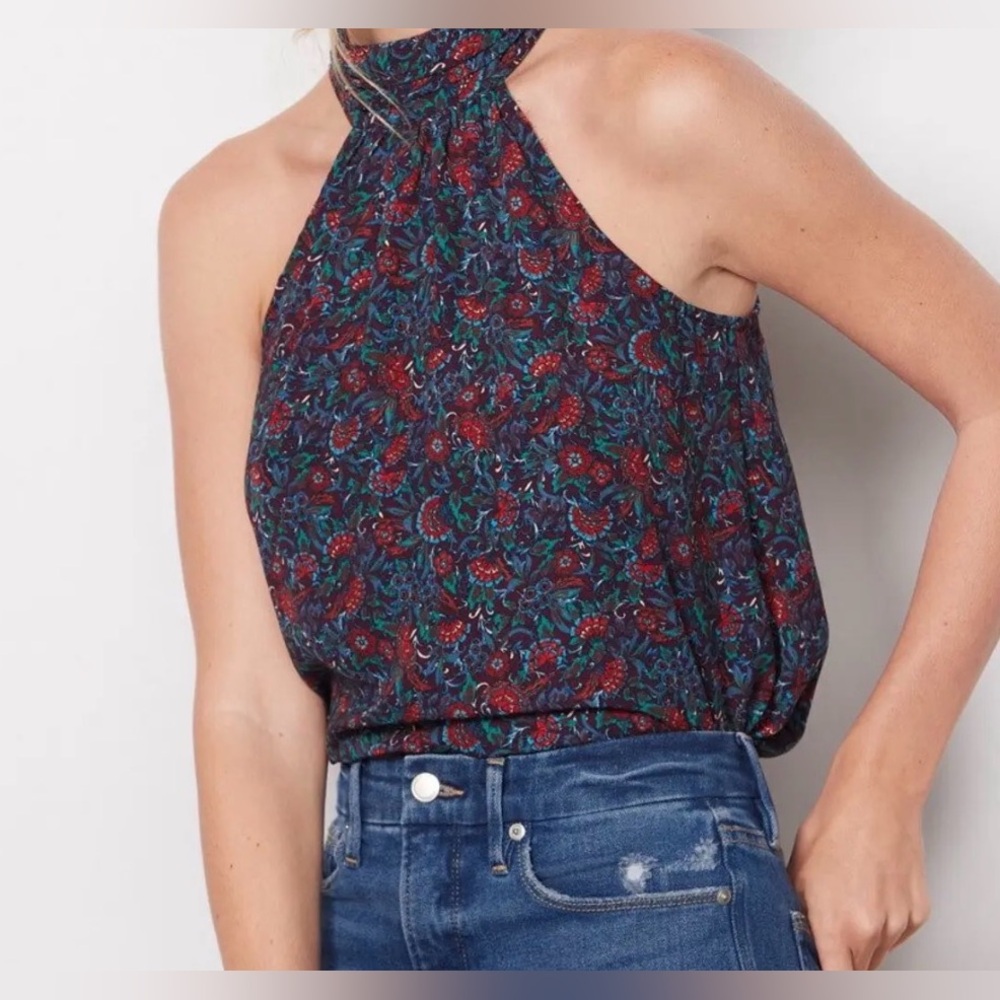 Evereve Floral Halter Top XS Boho Sleeveless Blouse Burgundy Teal